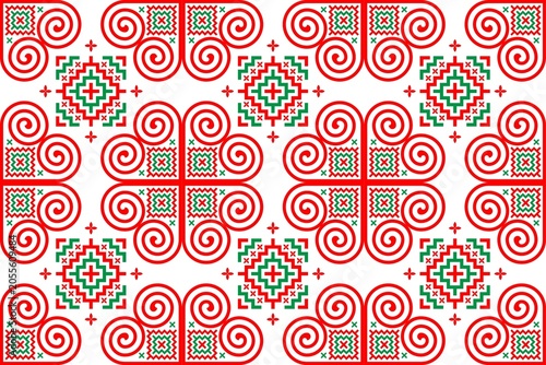 Seamless Pattern with Geometric Aztec and Spiral Motifs in Red and Teal on White Background