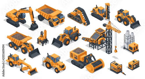 Collection of orange construction vehicles and equipment in isometric style.
