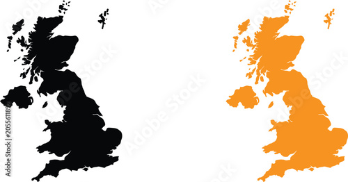Tableau sur toile Black and orange silhouette map of the united kingdom of great britain and north