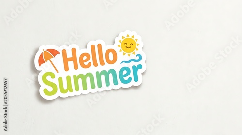 Colorful hello summer text design with playful sun umbrella and waves graphics creating a vibrant and happy greeting for warm weather season and vacation vibes.