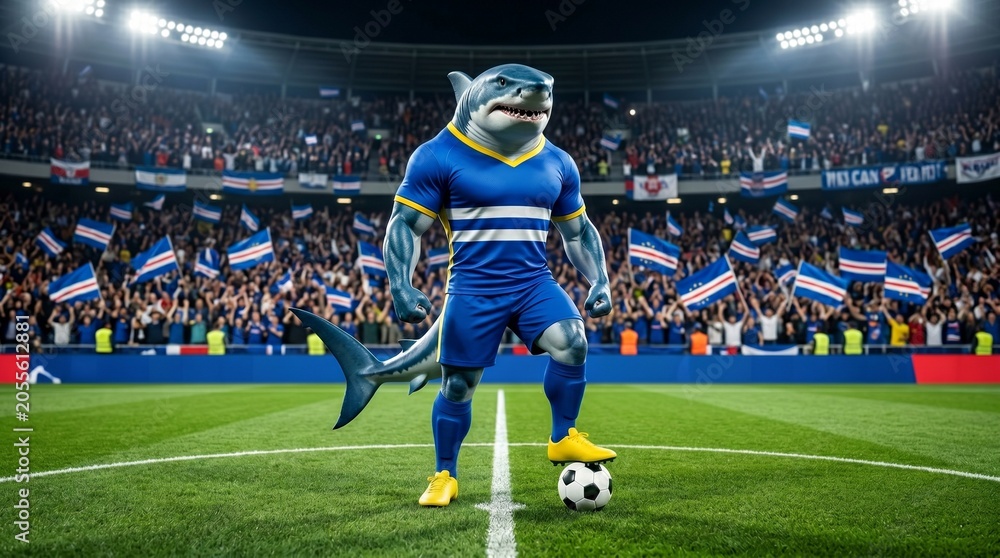 Naklejka premium Ultra Realistic Shark Football Shark Representing Cape Verde on Soccer Stadium