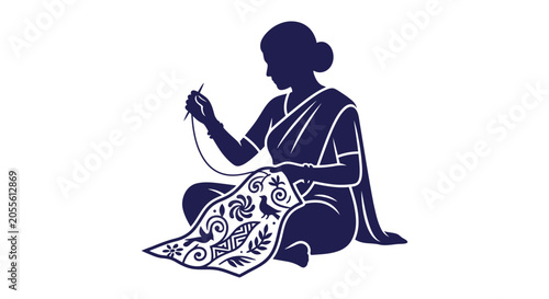 Vászonkép Silhouette of woman embroidering fabric with floral and avian motifs