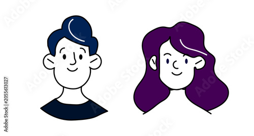 Dual character headshot avatar graphic, Side by side male and female illustration, Clean line art portraits vector design