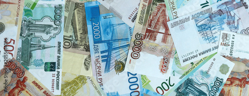 Foto Russian ruble money banknotes pile on table