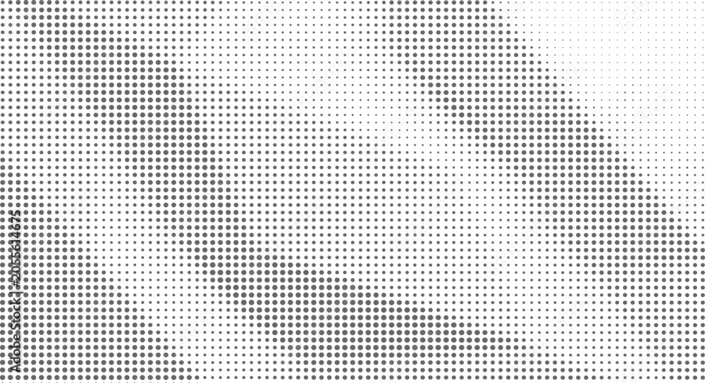 Fototapeta premium Halftone crumpled paper texture with black a dotted, rough, and wrinkled surface. Wite creased sheet background in comic pop-art style, featuring grainy folds and gritty distressed details.