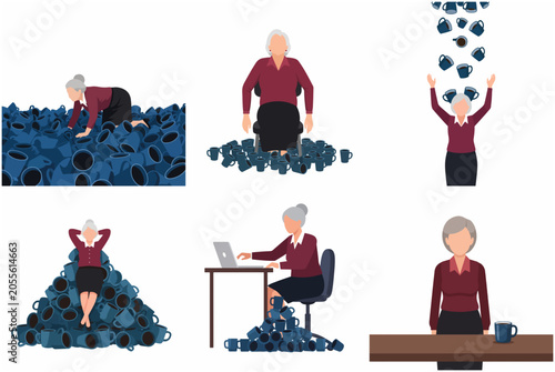 Fotografie Set of illustrations depicting an elderly woman's obsession with coffee mugs and