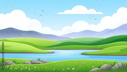 Serene Cartoon Landscape with Rolling Green Hills, Blue River, and Distant Mountains under a Sunny Sky