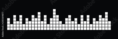 Abstract digital audio  bars formed with pixel square blocks on black background. Modern music spectrum for media technology projects. Dynamic sound frequency display design.