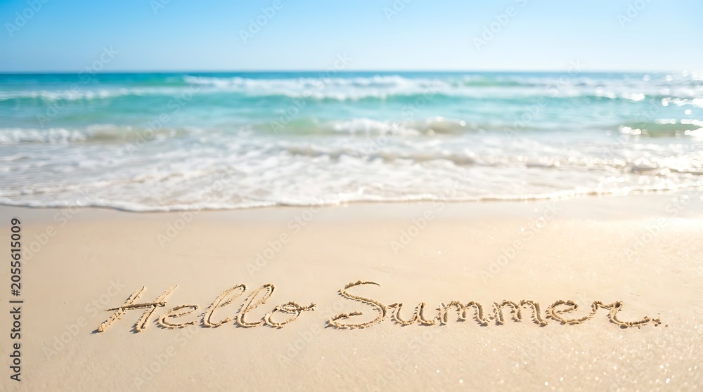 Fototapeta premium Hello summer written in sand on tropical beach with gentle ocean waves and bright blue sky serene seascape scenery reflecting sun rays idyllic summer.