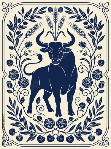Taurus bull in Art Nouveau zodiac illustration