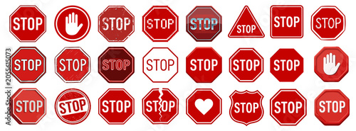 Stop sign icons set red traffic warning collection