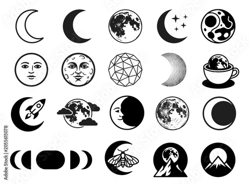 Celestial moon and earth icons set black and white collection