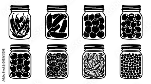 Jars Filled With Preserved Vegetables Black Silhouette On White Background