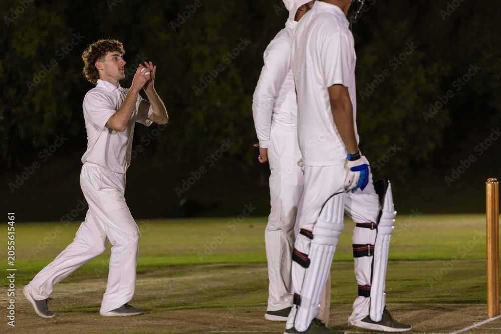 Obraz premium Male cricketers in white kit appealing near bat and stumps on pitch under floodlights, copy space