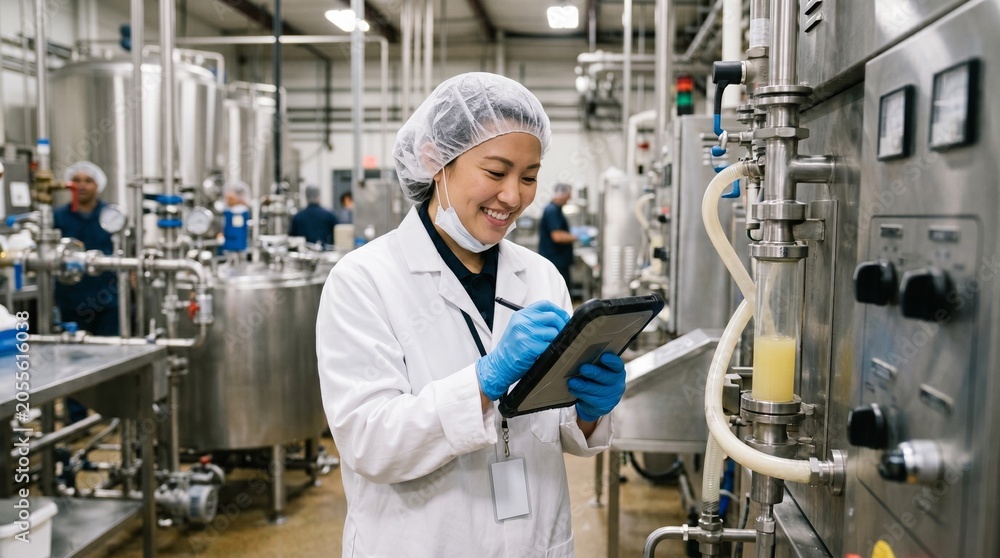 Naklejka premium Female scientist in lab coat and hairnet checking tablet in food production facility