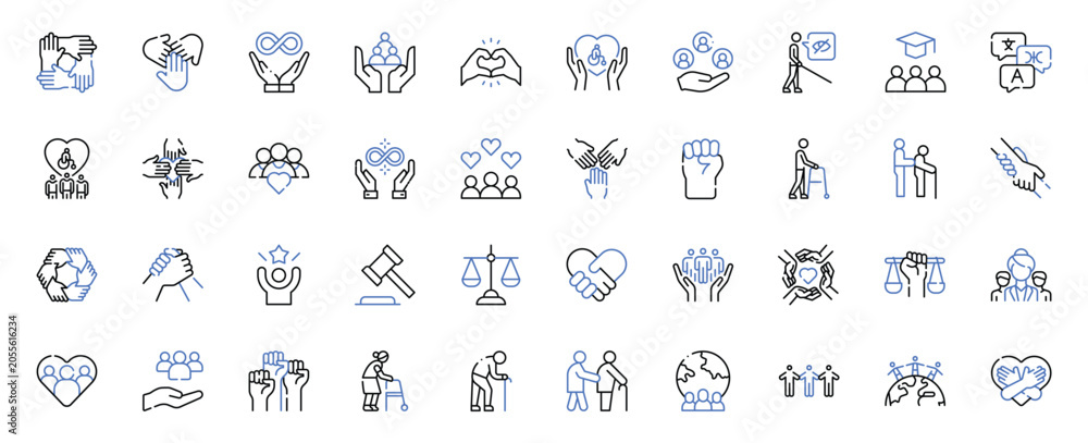 Naklejka premium Inclusivity, Accessibility, Diversity and Community Support Line Icons Set Editable Stroke Vector Illustration