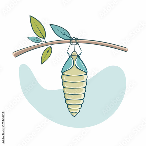 Chrysalis hanging from a branch with leaves