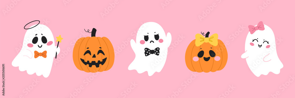 Obraz premium Halloween ghost and pumpkin jack o lantern characters collection. Spooky spirits with angel halo magic star wand and hair bows. Autumn holiday party graphic elements pink background vector