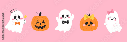 Schilderij op canvas Halloween ghost and pumpkin jack o lantern characters collection