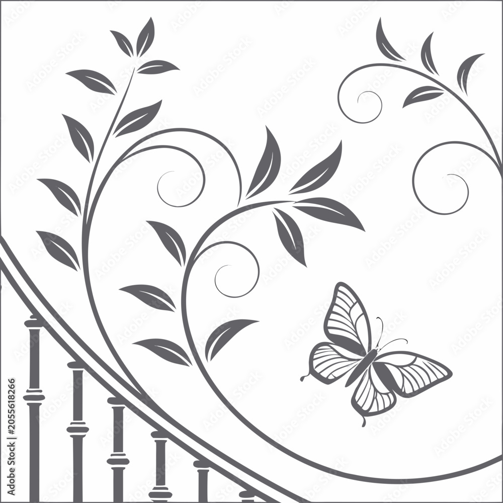 Fototapeta premium Butterfly and floral swirls with staircase railing design butterfly ornament staircase botanical monochrome