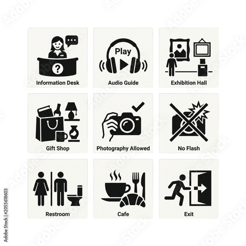 Set of nine black vector icons for museum wayfinding signage systems