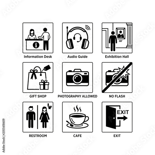Collection of black museum signage icons in a clean vector style