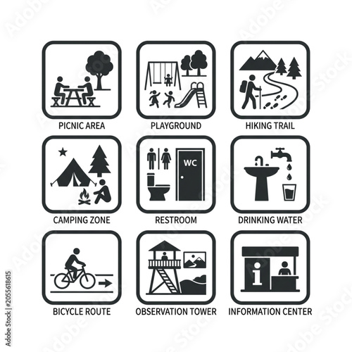 Set of black and white park outdoor recreation vector icons