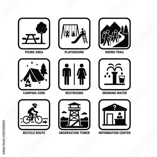 Set of black and white vector park facility navigation icons