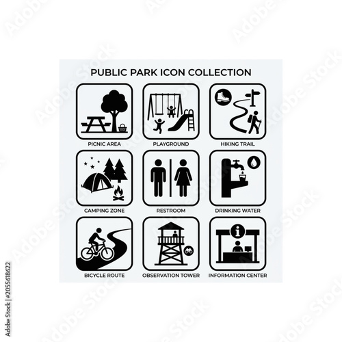 Set of black public park vector icons for navigation design usage