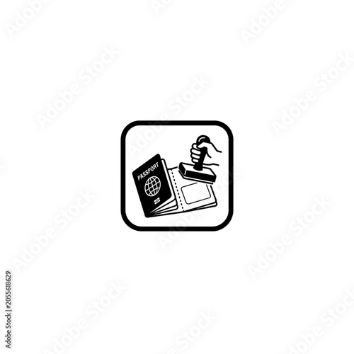 Minimalist vector graphic illustration of a passport getting stamped icon design