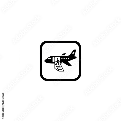 Black and white vector icon illustration of airplane passenger boarding