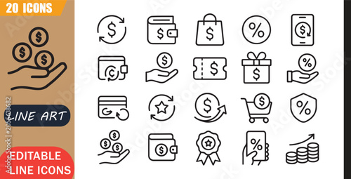 Photos Isolated cashback rewards icons set, 20 editable line art icons set, cashback ca