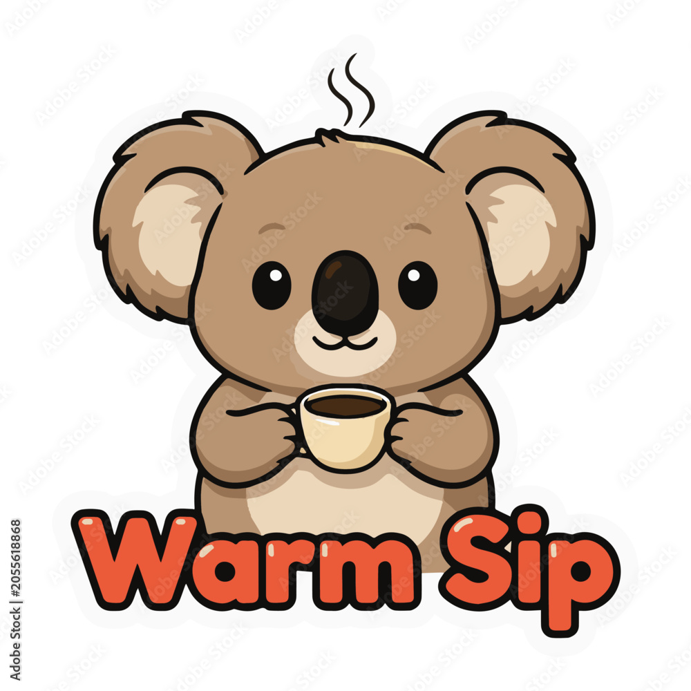 Obraz premium Koala Cartoon Mascot Holding a Steaming Coffee Cup with Warm Brown Fur and Bold Red Warmsip Text Featuring Steam, Hot, Breakfast with Cafe