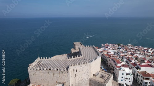 Peniscola old town, Spain. Aerial cinematic view of its old town, Pope Luna's residency, and the Templars' castle. 