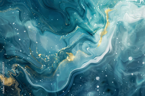 Photo of Turquoise green dark marble fluid art pattern with golden veins. Background texture for backdrops or mapping