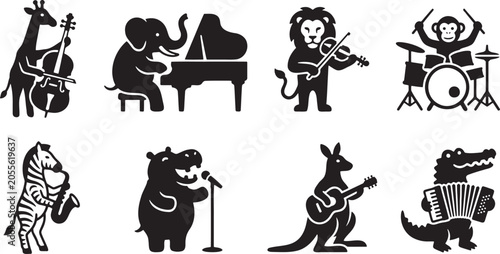 Canvas Print Talented animal marching band and jazz musicians silhouettes