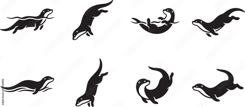 Fototapeta premium Playful otters swimming and diving in water black silhouettes
