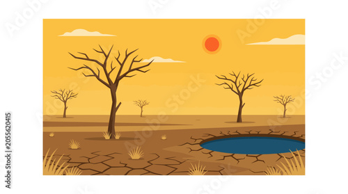 Foto Arid desert landscape with cracked ground and water hole.