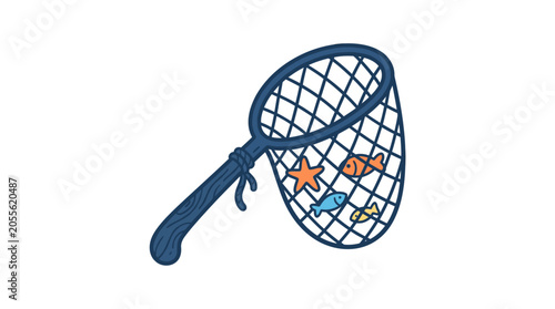 Handheld fishing net containing small fish and starfish.
