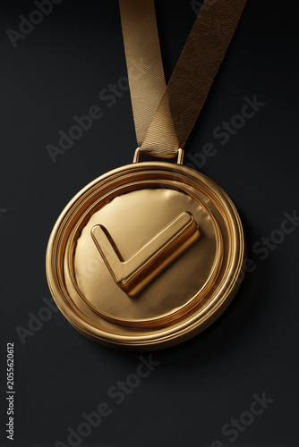 Gold medal with checkmark symbol on ribbon against black background.