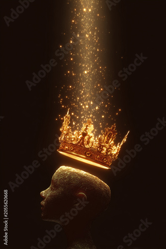 Golden crown floating above male head silhouette with glowing particles.