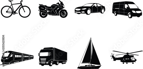 Obraz na płótnie Transportation Vehicle Silhouette Set Featuring Bicycle Motorcycle Car Van Train