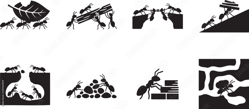Fototapeta premium Ants building underground anthill tunnels teamwork concepts silhouettes set