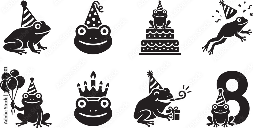 Naklejka premium Cute frogs celebrating birthday party with cake balloon silhouettes