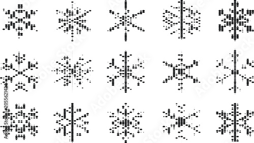 Collection of halftone snowflake designs for winter season decorations and holiday graphic projects on transparent background.