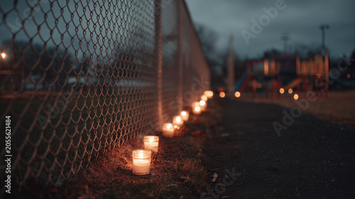 Candles lit along chain link fence beside playground at dusk memorial.
