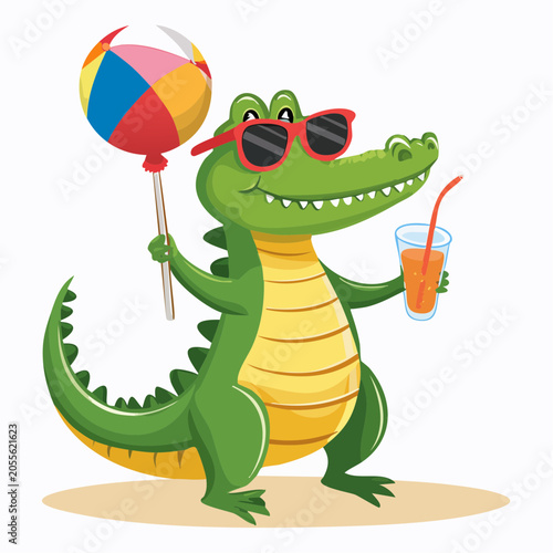 Cartoon Alligator with Beach Ball and Drink