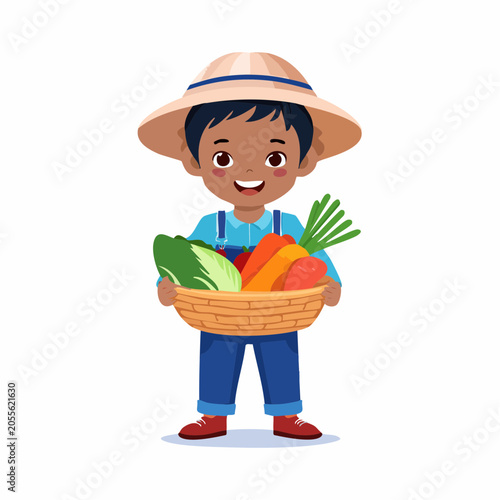 Cartoon Farmer Boy Holding Basket of Fresh Vegetables