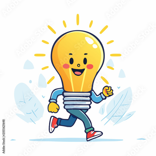 Cartoon light bulb character running with a bright idea