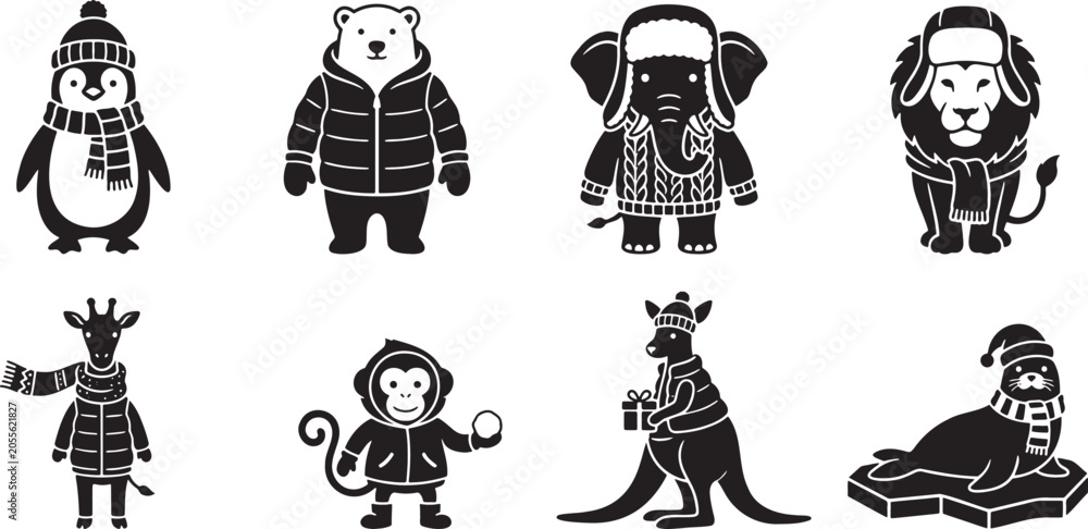 Obraz premium Cute cartoon animals in cozy winter clothing winter silhouettes